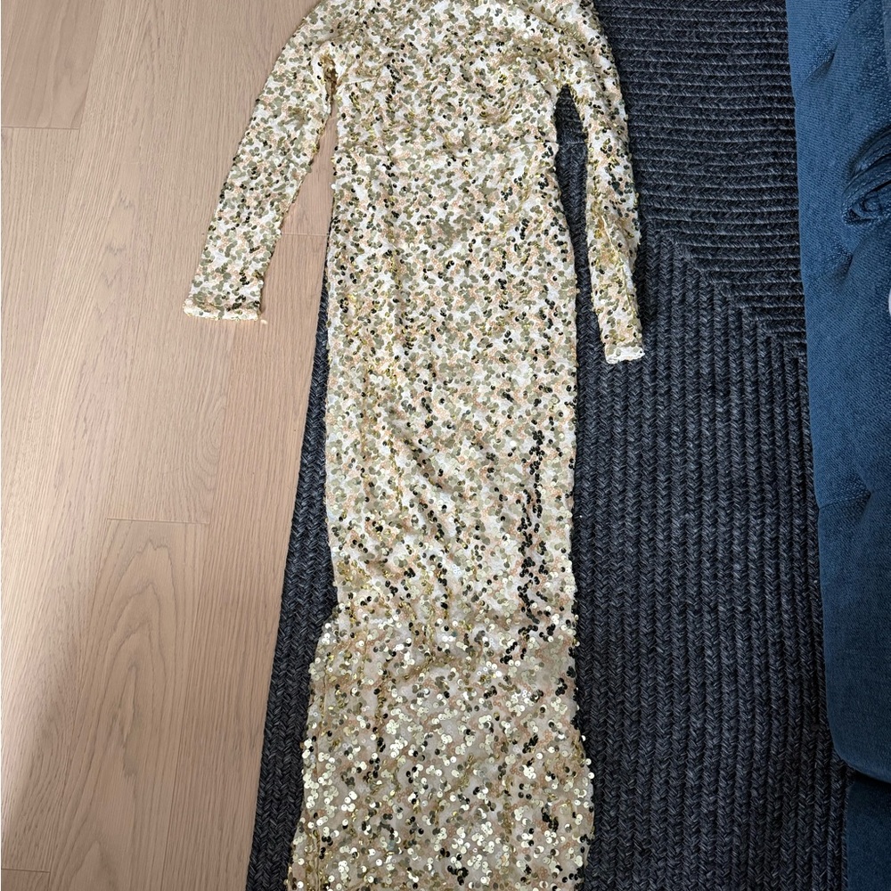 Fashion Nova Champagne Gold Sequin Long Sleeve Maxi Dress
